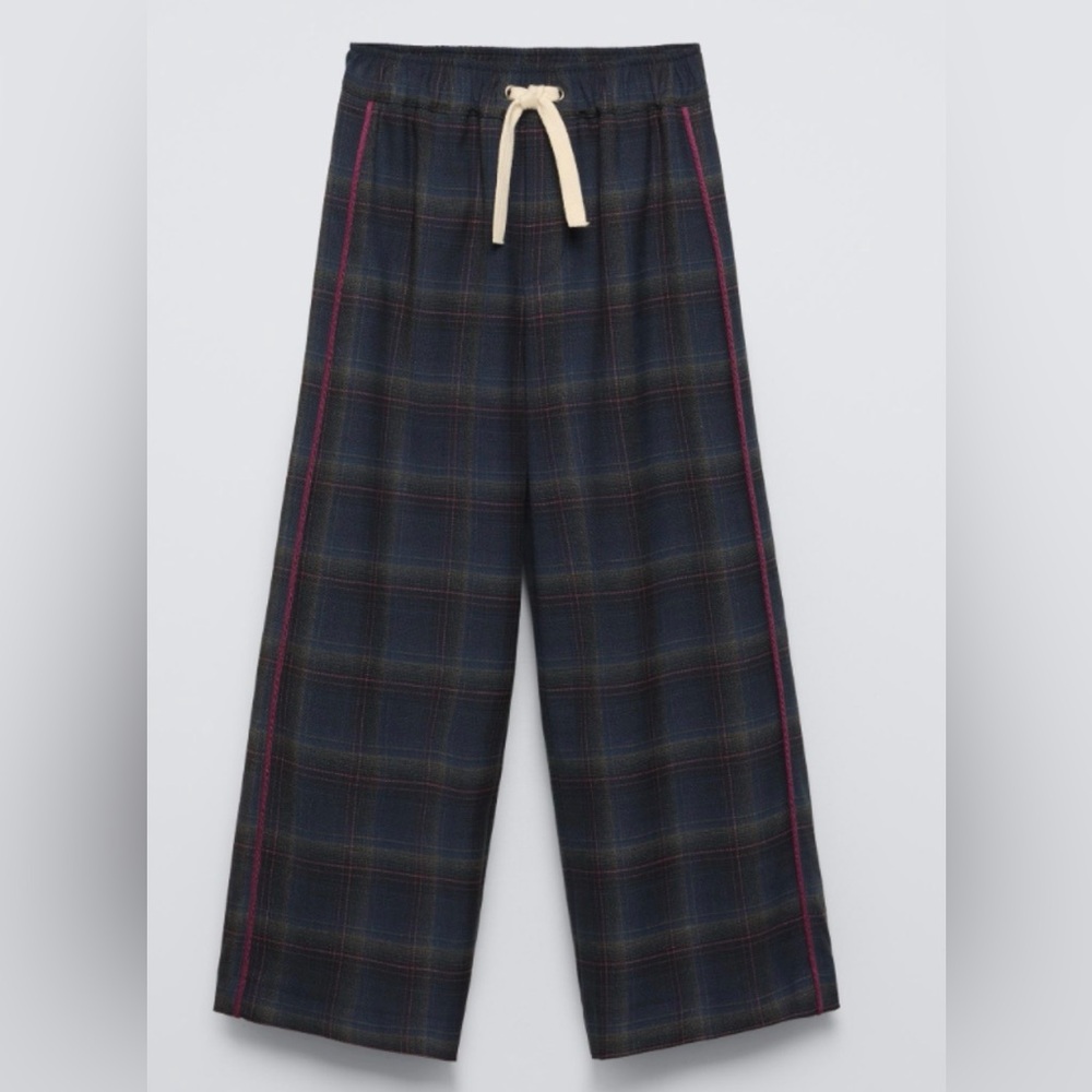 Zara Girls Navy blue plaid wide-leg pants pink side piping, drawstring Size 9/10